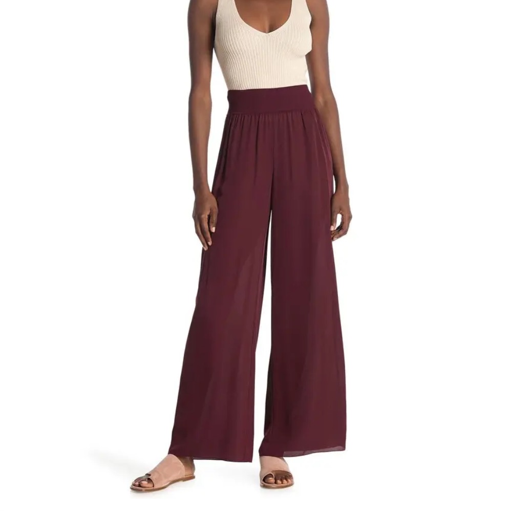 Theory Bordeaux Rib Waist Wide Leg Silk Pants